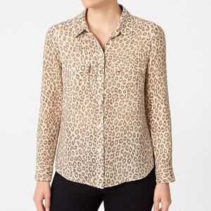 Lucky Brand Leopard Print Button Down Blouse Size L Semi Sheer Long Sleeve